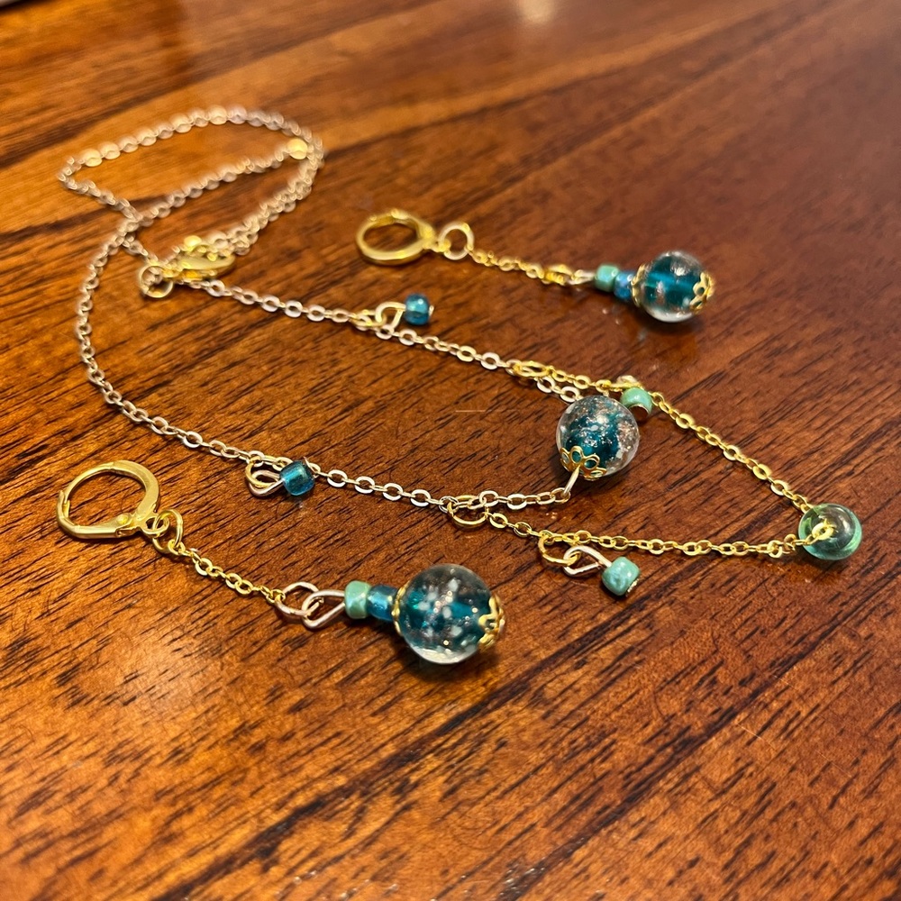 NEW Handmade tiered chain necklace + earring set with Murano style glass beads